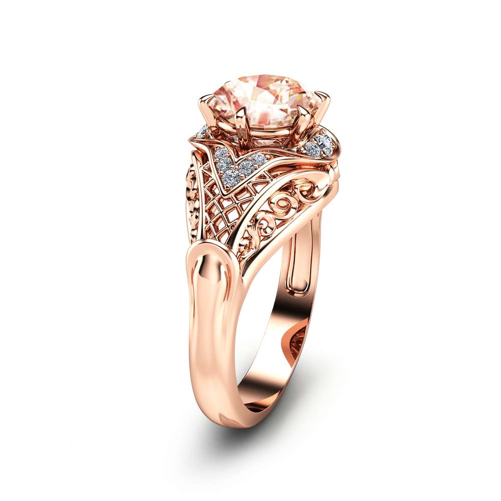 Morganite Engagement Ring 14K Rose Gold Morganite Ring Unique Engagement Ring Rose Gold Halo Ring
